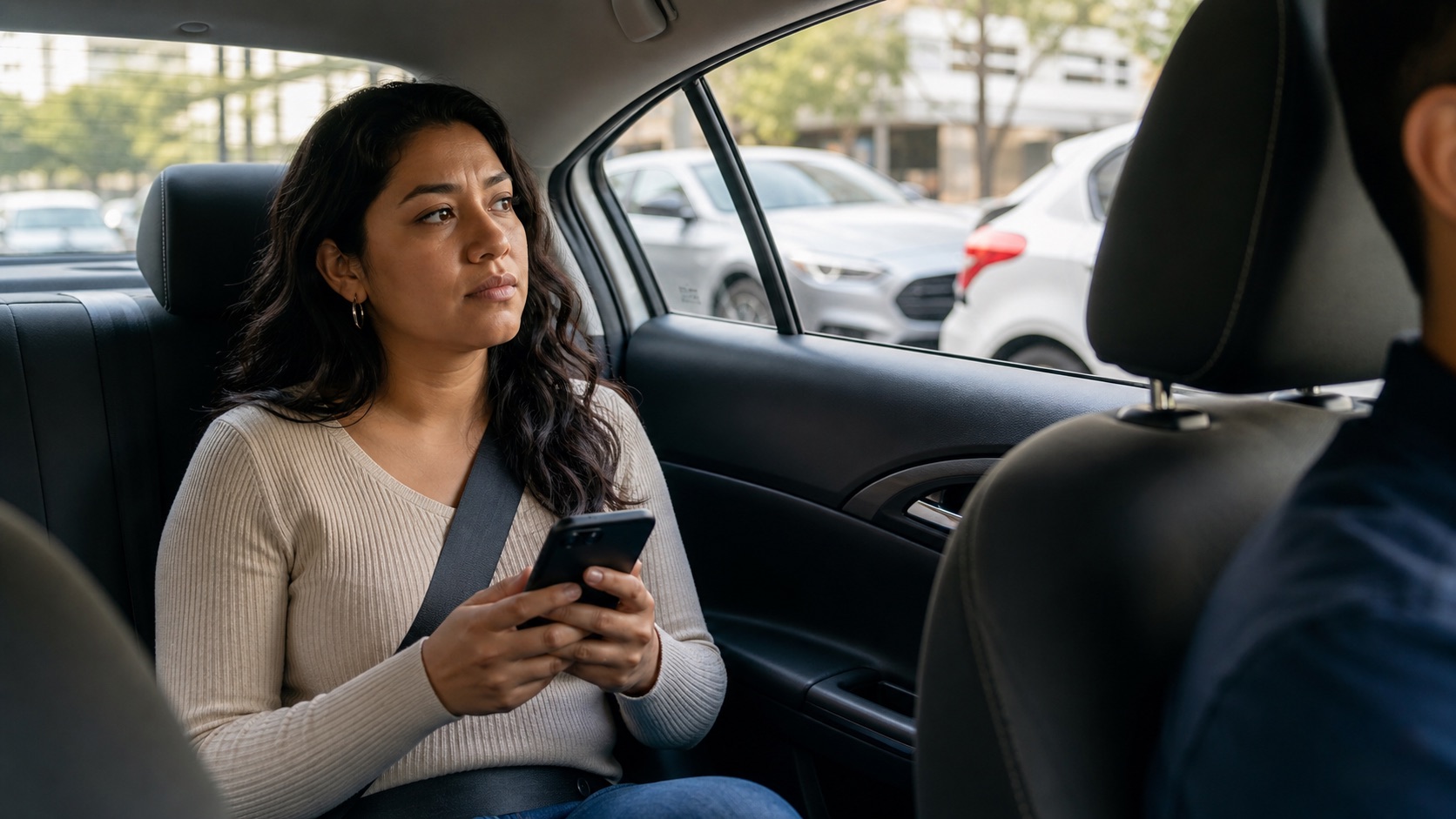 Mujer latina pasajera de Uber revisando su telefono despues de un accidente de rideshare